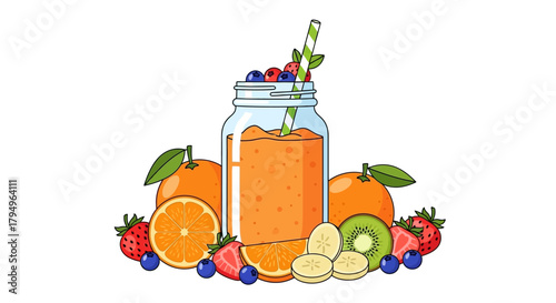 Fruit smoothie in a jar surrounded by oranges berries kiwi and banana slices