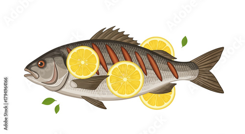 Grilled fish with lemon slices showing grill marks fins and small green leaves