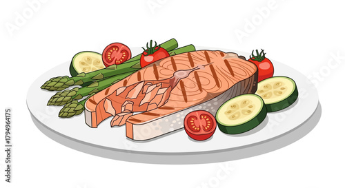 Grilled salmon steak alongside asparagus zucchini slices  halved tomatoes all on a white plate