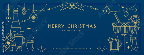 Modern Christmas frame or holiday greeting card on blue background. Line art vector illustration