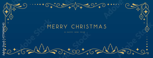Modern Christmas frame or holiday greeting card on blue background. Line art vector illustration