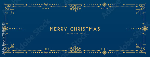 Modern Christmas frame or holiday greeting card on blue background. Line art vector illustration