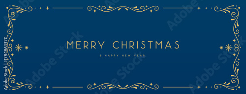 Modern Christmas frame or holiday greeting card on blue background. Line art vector illustration