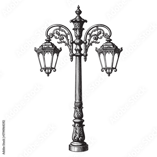 Ornate Vintage Double Lamp Post With Decorative Details Keywords: vector illutrastion transparent background
