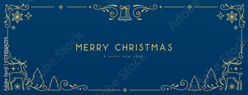 Modern Christmas frame or holiday greeting card on blue background. Line art vector illustration