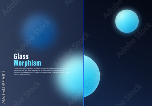 Dark futuristic mockup with transparent matte panel, glowing blue spheres in glassmorphism style
