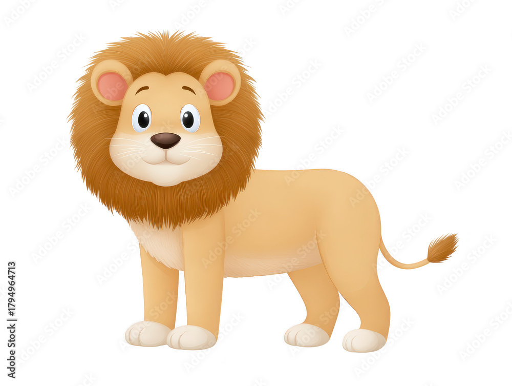 Fototapeta premium Cartoon lion with fluffy mane, big eyes, and friendly expression standing on four legs, isolated on transparency background, perfect for children illustrations and educational materials