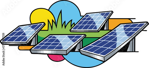 Stylized Solar Panels Generate Clean Energy Under Bright Yellow Sun And Blue Sky