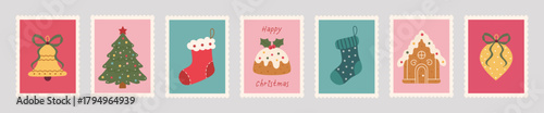 Christmas postage stamp set: hand-drawn tree, stockings, bell, bows, pudding, and gingerbread house. Soft pink, teal, and red tones with scalloped edges create vintage, festive vector Xmas mail style.