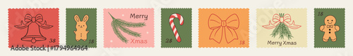 Winter vacation postage stamp set in hand-drawn doodle style,with Christmas and New Year elements.Festive Xmas postmark vector illustrations for postcards, posters, mail art, and scrapbooking projects