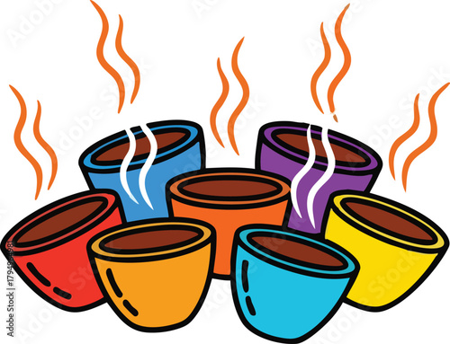 Collection Of Seven Colorful Ceramic Cups Filled With Hot Beverages Emitting Steam