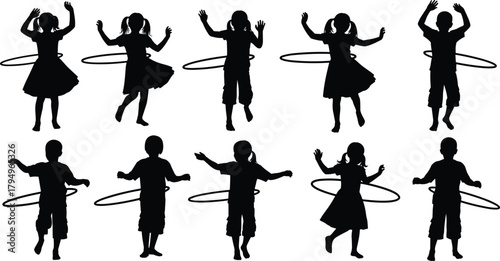Children hula hoop silhouettes, playful activity poses, boys and girls in motion, fitness fun concept, flat vector illustration