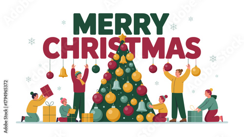 Festive Gathering: Illustrative scene capturing the spirit of Christmas, featuring people adorning a Christmas tree, exchanging gifts, and celebrating the holiday season.