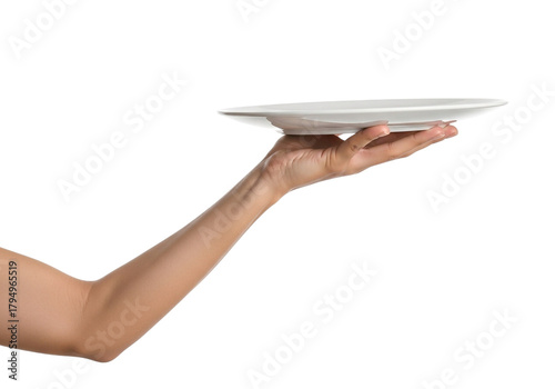 Hand holding a white ceramic plate with a slight tilt isolated on a transparent background image