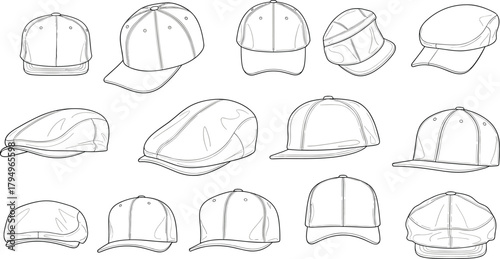 Hat design sketch collection, black line art styles, baseball and flat caps, casual headwear set, fashion reference, flat vector illustration
