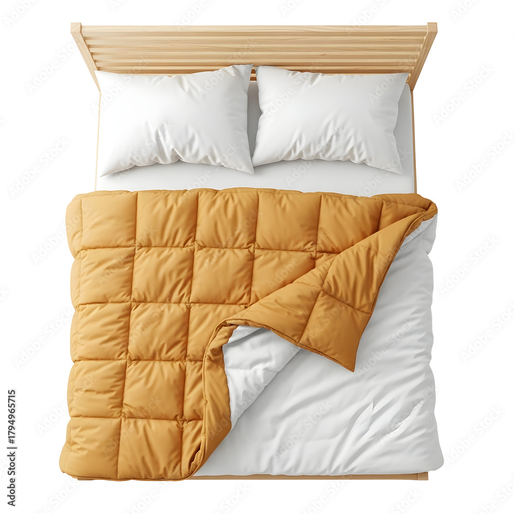 Fototapeta premium Top view of a cozy bed with a mustard yellow comforter and white pillows