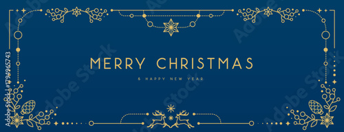 Modern Christmas frame or holiday greeting card on blue background. Line art vector illustration