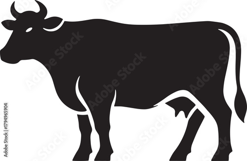 A simple black silhouette of a cow standing in a profile view