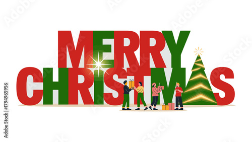 Joyous Christmas Celebration: Capturing the festive spirit with the vibrant inscription Merry Christmas, adorned with miniature figures gathered, creating a scene of warmth, unity.