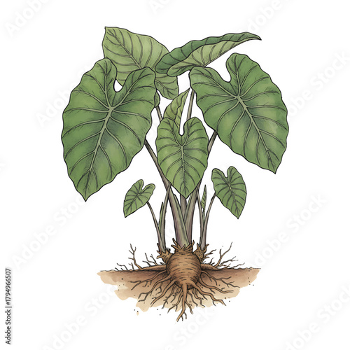 Taro Plant Illustration Showing Leaves Rhizome and Roots in Soil vector illutrastion transparent background