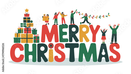 Festive Gathering: A joyful Christmas scene, with 'Merry Christmas' in vibrant lettering and figures engaging in decorations, gift-giving, and festive preparations.