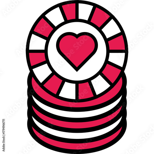 Red and White Stacked Casino Poker Chips Featuring a Pink Heart Symbol Against a Transparent Background