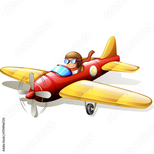 Red and Yellow Propeller Airplane with Pilot Wearing Goggles and Scarf Flying in Clear Sky