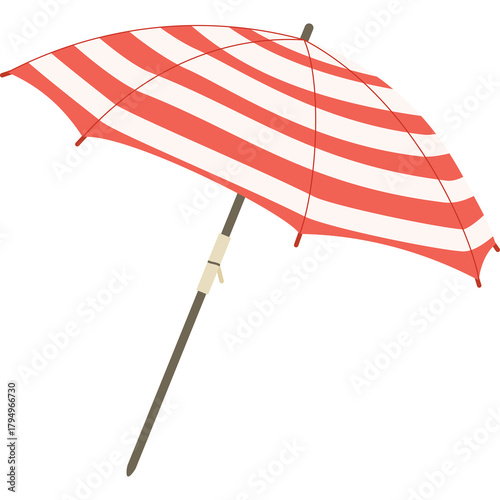Red and White Striped Beach Umbrella with Wooden Pole and Transparent Background