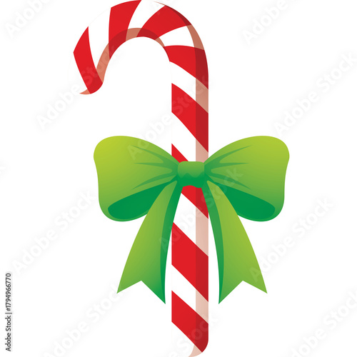 Red And White Striped Candy Cane With A Vibrant Green Bow On A Transparent Background
