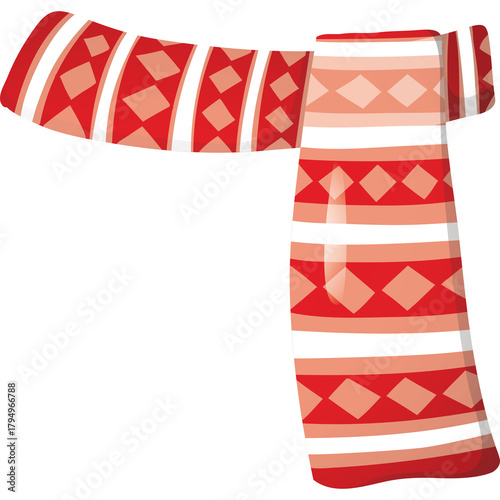 Red and White Striped Scarf with Diamond Pattern Winter Accessory Isolated on White Background for Cold Weather Protection