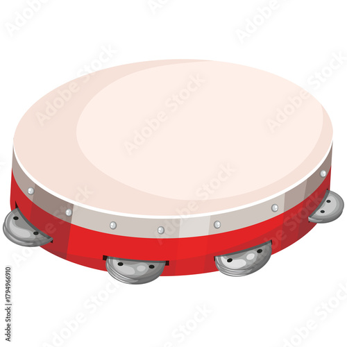 Red and White Tambourine with Silver Jingles Isolated on Transparent Background