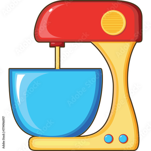 Red and Yellow Kitchen Stand Mixer with Blue Bowl Detailed Illustration Isolated on Transparent Background for Baking and Cooking Preparation