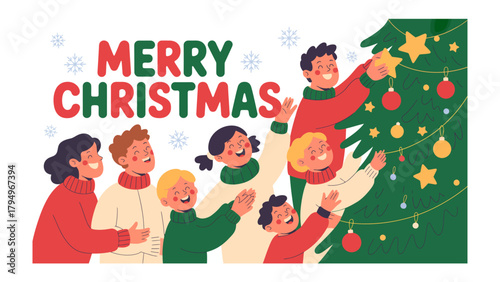 Christmas Spirit: A heartwarming illustration of a family united in decorating the Christmas tree. Joyful anticipation and togetherness, capturing the spirit of the holiday season.