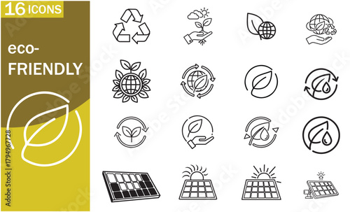 Ecofriendly icon set, featuring various designs for sustainability and environmental awareness, suitable for websites, presentations, and educational materials