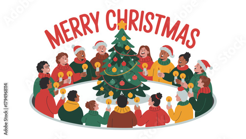Christmas Carolers: A heartwarming illustration of a diverse group of carolers gathered around a beautifully decorated tree, singing joyous carols with lit candles, embodying the spirit of Christmas.