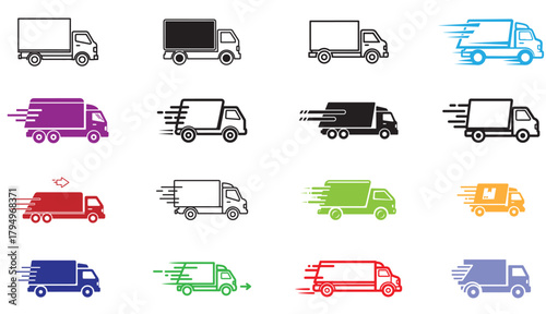Collection of delivery truck icons, showcasing various styles and colors, perfect for illustrating transportation, logistics, and fast shipping services in modern designs