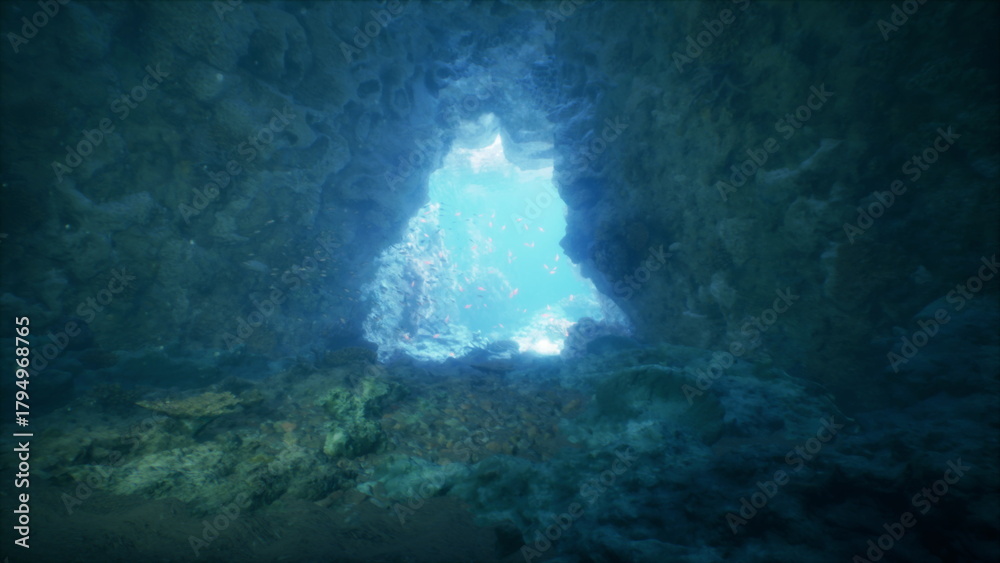 Obraz premium Bright sunlight streams through an opening in an underwater cave, illuminating the rich colors of marine life and rocky formations. This enchanting scene captures the beauty of the ocean depths.
