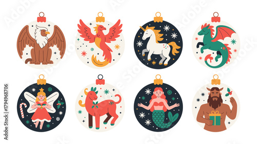 Fantasy Ornaments: Colorful fantasy ornaments with different fantasy creatures, perfect for adding a touch of magic to your holiday decor. 