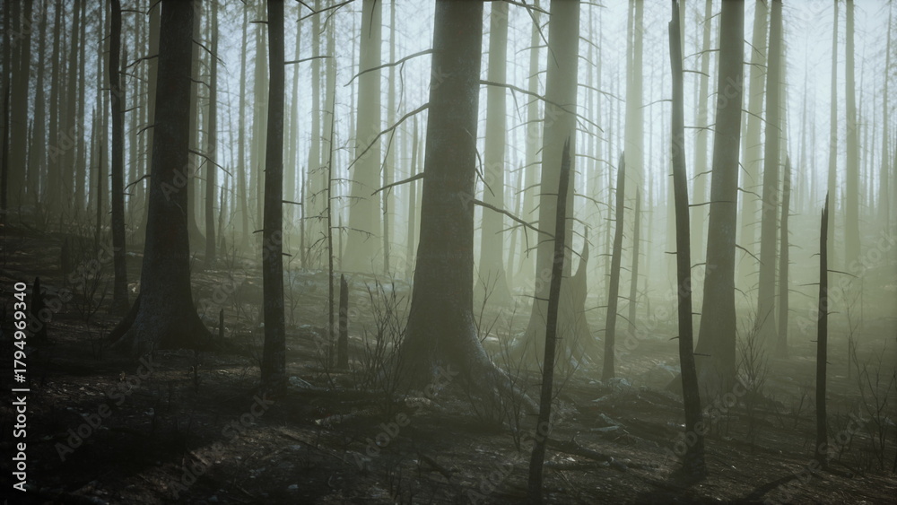 Naklejka premium Tall trees stand in a dense fog, creating an eerie atmosphere. Their bare branches tell stories of past fires but suggest hope as life slowly returns to this quiet forest.