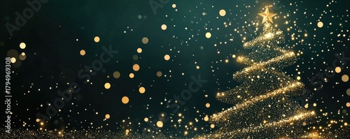 golden glittering shiny christmas tree on green background banner illustration