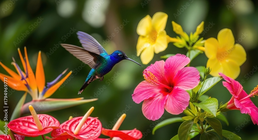 Obraz premium National Bird Hummingbird flying near tropical flowers bird, wildlife, colorful, exotic
