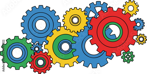 Interlocking colorful gears in red blue yellow and green working together in a mechanical arrangement isolated on white background
