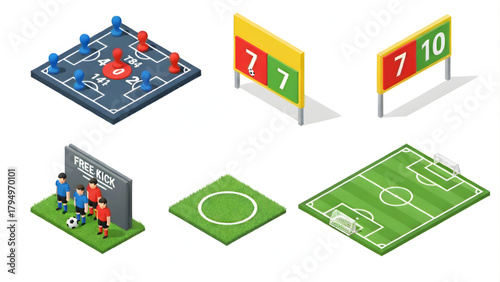 Isometric game icons and sports fields, representing strategy and competitive play on the field