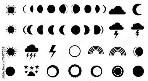 Illustrative depiction of celestial bodies and weather phenomena, presented in a minimalist style.