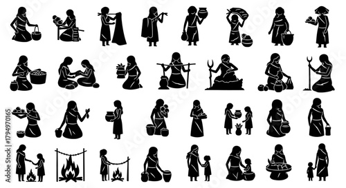 Silhouetted figures depict women performing various tasks, including carrying water, cooking, and child care.