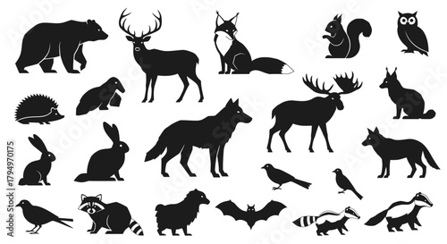 Silhouetted collection of various North American wildlife animals, isolated on white background.