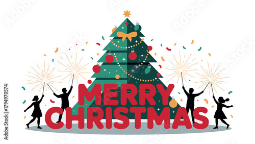 Festive Cheers: Joyous figures celebrate Christmas with radiant sparklers, adorning a splendidly decorated tree and spreading holiday cheer.