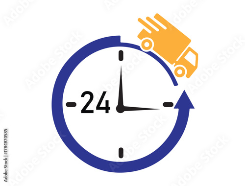 24hour delivery service with clock and truck icon, this image represents fast and reliable shipping, available around the clock for convenience