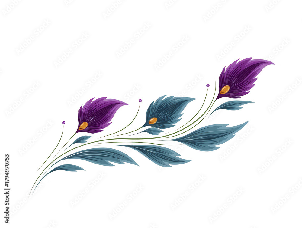 Obraz premium Purple flower blue leaf digital illustration decorative elegant botanical nature isolated artistic floral design. graceful arrangement of purple flowers and blue leaves creates decorative elegant