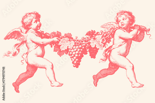 Two vintage cupids or angels carry a large grapevine. Classic hand-drawn illustration in an antique engraving style, isolated vector for romantic design.